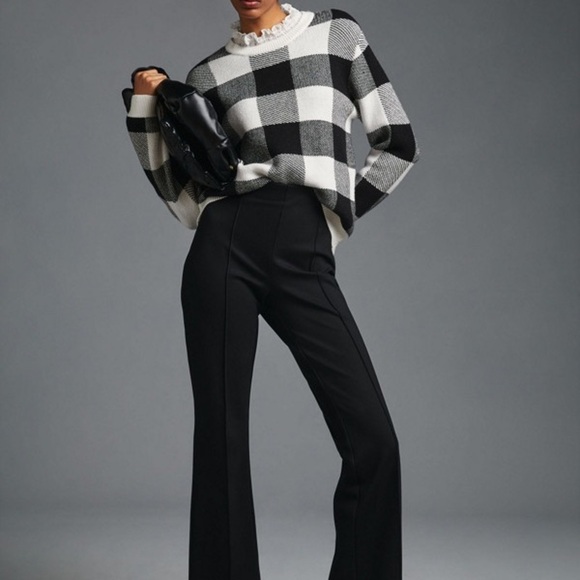 Anthropologie ruffle collar pullover sweater large black white plaid check - Picture 15 of 15